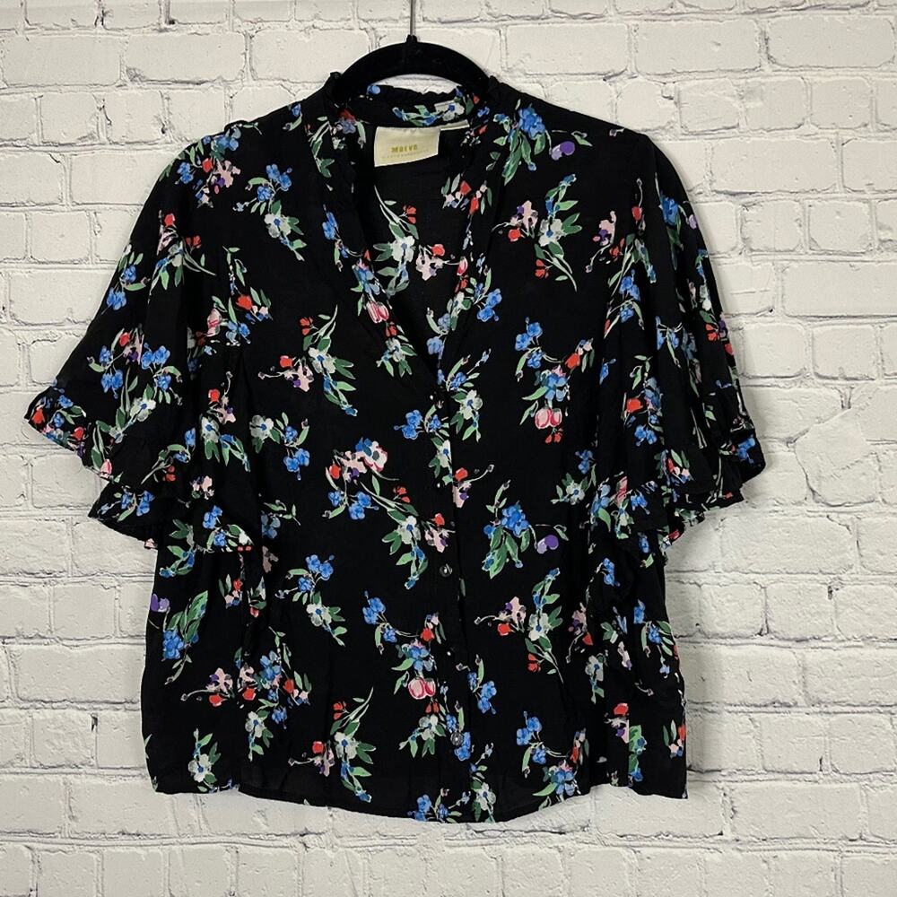 ANTHROPOLOGIE - MAEVE - Button Down Floral Flutter Sleeve Crop Blouse